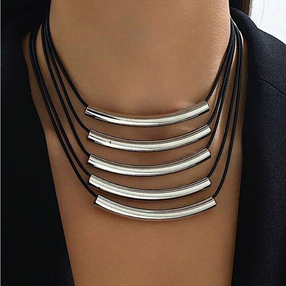 Multilayer Silver Tube Statement Necklace - Picture 1 of 6